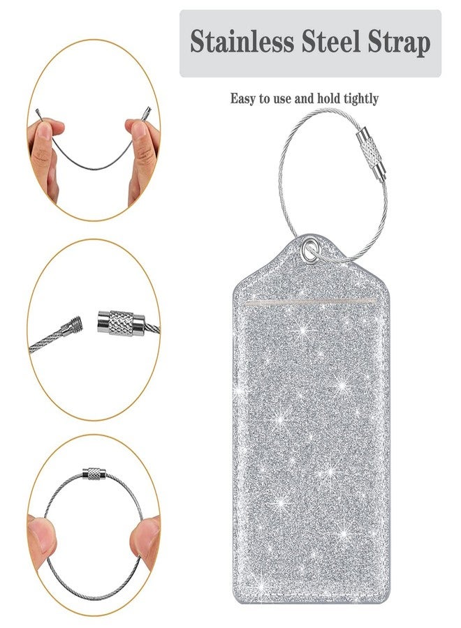 Coco Rossi (Set of 2) Luggage Tag Leather Privacy Cover ID Label Address Card with Stainless Steel Loop, Travel Bag Tags Suitcase Labels, Glitter Silver - Image 4